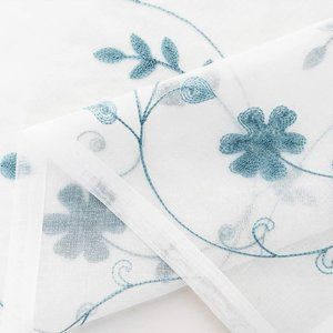 84" white sheer curtains with blue embroidery